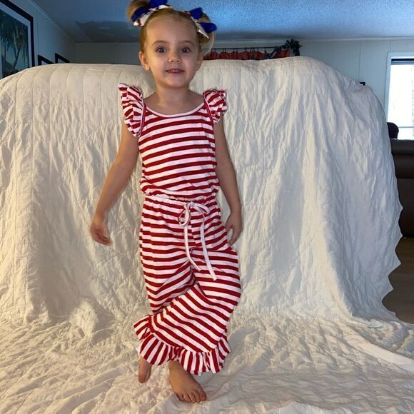 92. Girls Red/White Stripe drawstring Romper - Picture 4 of 4